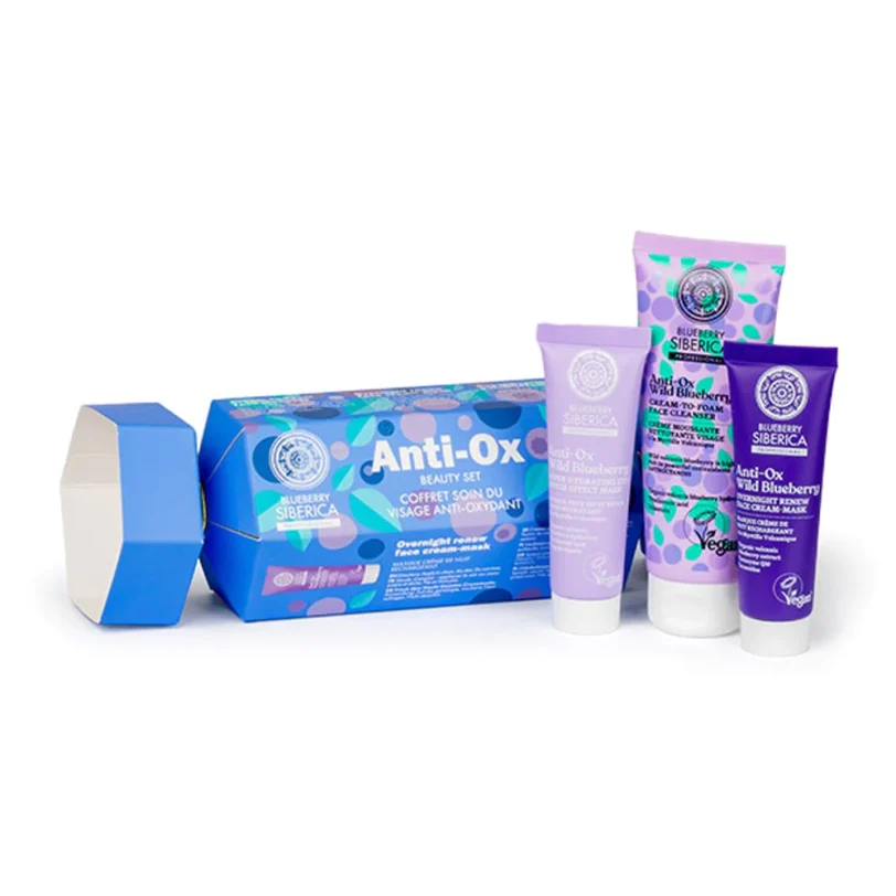Natura Siberica Anti-Ox Blueberry Beauty Set with Cream-to-Foam Face Cleanser, 75ml, Super hydrating Eye Patch-Effect Mask, 30ml & Overnight Face Cream-Mask, 30ml, 1set