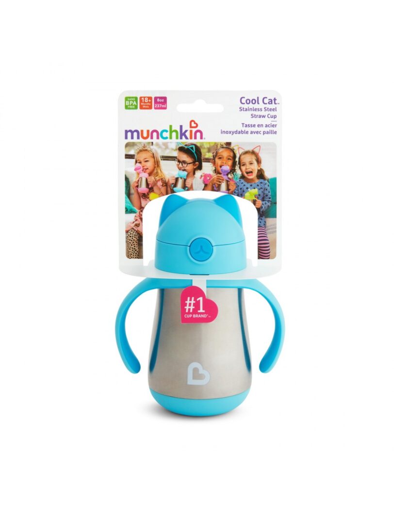 Munchkin Cool Cat Stainless Steel Straw Cup Aνοξείδωτο Θερμός, μπλε χρώμα 237ml - Image 2