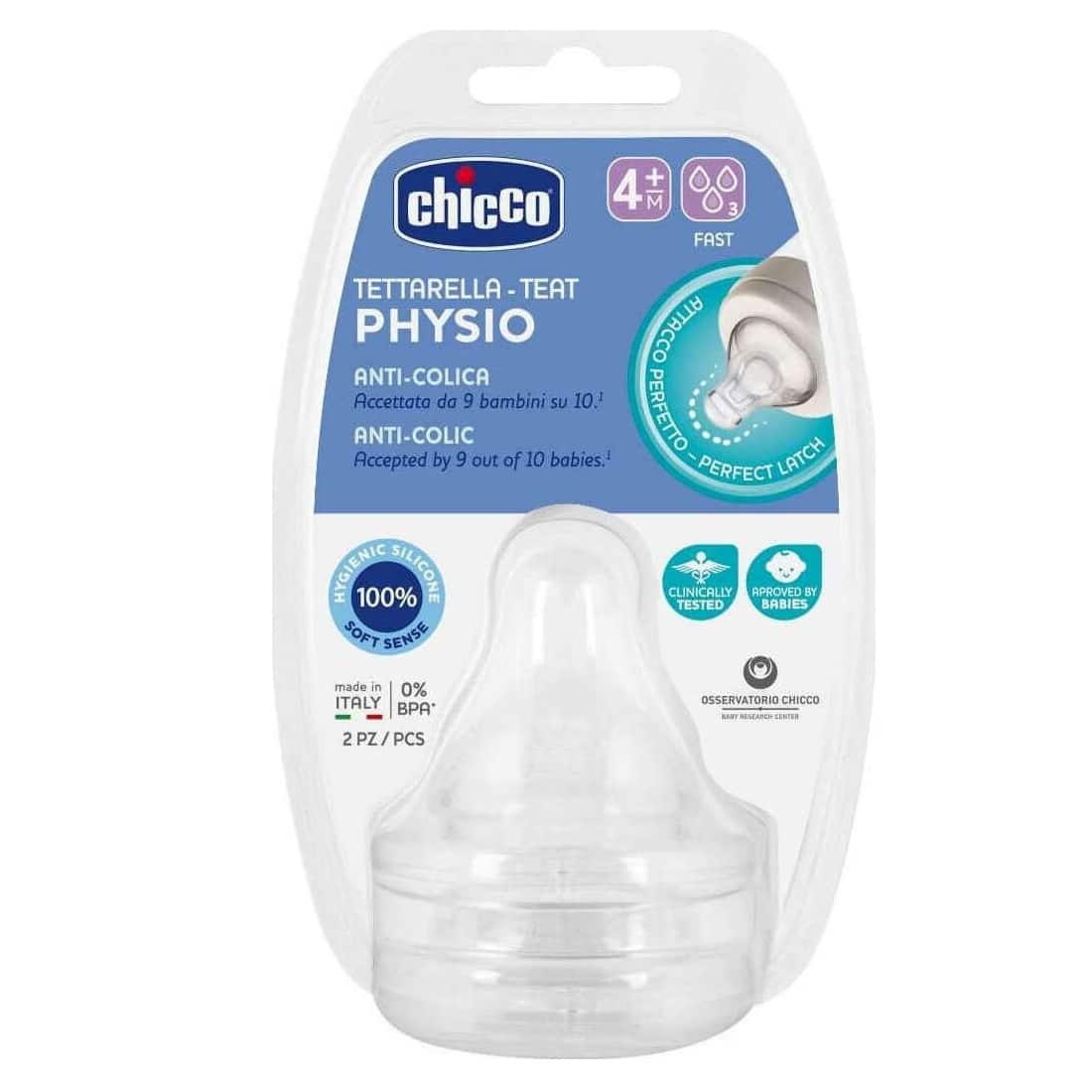 Chicco Physio Teat Anti-Colic Θηλή Σιλικόνης Γρήγορης Ροής 4m+, 2 τεμάχια
