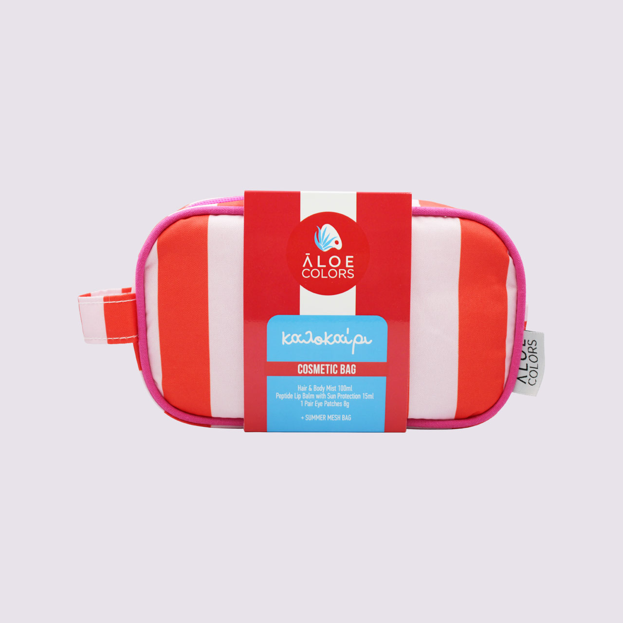 Aloe Colors Cosmetic Bag Kalokairi Promo με Kalokairi Mist για Σώμα & Μαλλιά, 100ml, Peptide Lip Balm για Προστασία των Χειλιών από τον Ήλιο, 5ml, Επιθέματα Ματιών για Ενυδάτωση, 1ζευγάρι & Νεσεσερ, 1τεμ, 1σετ
